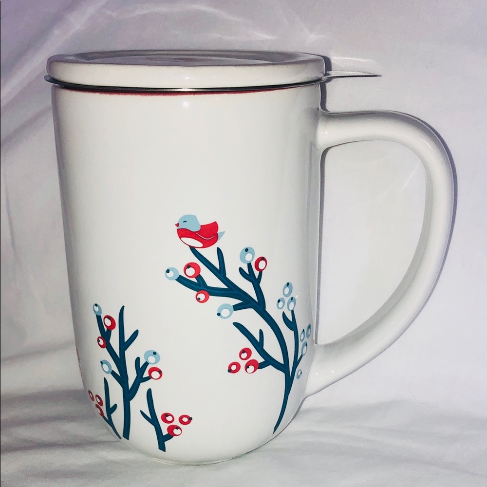 David’s Tea Nordic Mug & Lid White Berries Bird